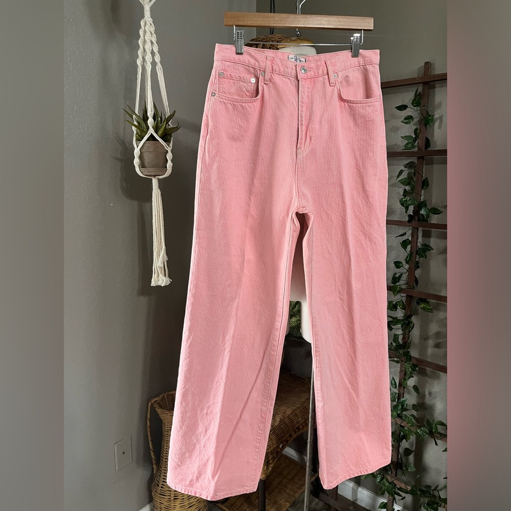 ▪️Free People High Rise Pink Pinstripe Striped Astoria Wide Straight Leg - Picture 8 of 15